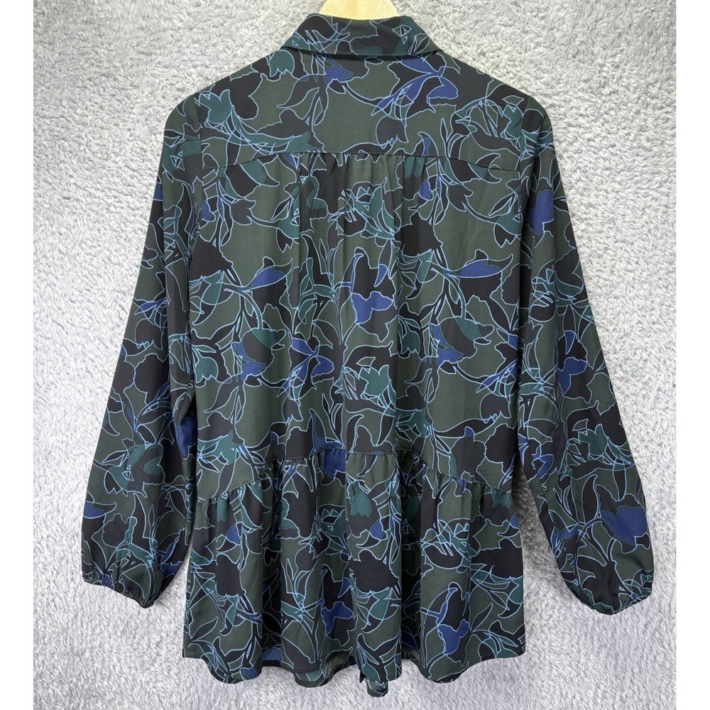 LOGO Lori Goldstein Womens XS Green Blue Print Blouse Button Front Peplum Top - Picture 3 of 10